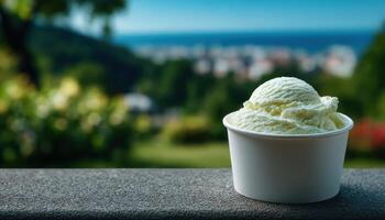 Refreshing ice cream cup on concrete ledge outdoor park bright day scenic view photo