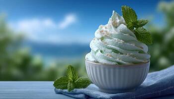 Soft serve ice cream cup by window light modern setting fresh mint bright day photo