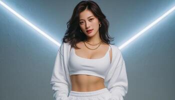 Dynamic asian girl in white sportswear studio lighting fashion shoot trendy environment close-up view photo