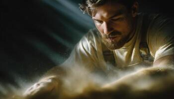 European woodworker sanding surface in rays of light workshop setting inspirational crafting photo