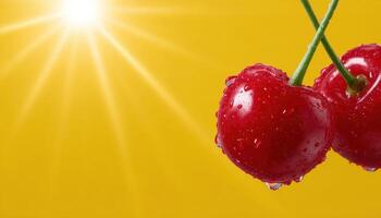Vibrant cherry fruits on yellow background food photography bright and cheerful environment photo