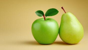 Minimalist apple and pear in gentle sunlight studio environment food photography photo