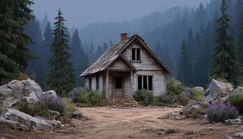 Burned wooden house in fire-damaged forest nature photography eerie environment photo