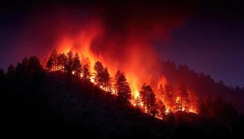 Wildfire engulfs trees in flames mountainside nature photo dark environment dramatic view