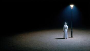 Lonely woman in shadow under streetlight at night urban setting emotional scene photo