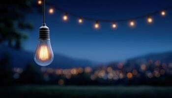 Symbolic hanging bulb at night outdoor setting conceptual photography atmospheric environment photo
