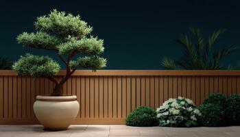Serene night scene with natural wood fence and bonsai in soft lighting outdoor garden photo