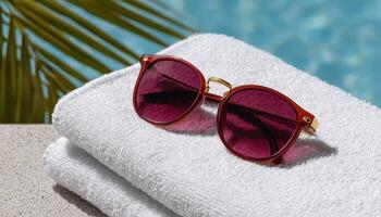 Sunglasses on white towel by poolside summer vibes clean setting relaxing view photo
