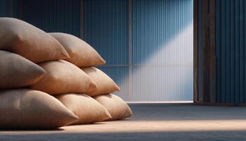 Aesthetic rice warehouse with soft sunlight clean colors interior calm atmosphere perspective photo