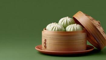 Delicate bao buns in minimal bamboo steamer soft color background food photography photo