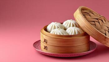 Delicious bao steamed in minimal bamboo steamer soft color background food photography photo