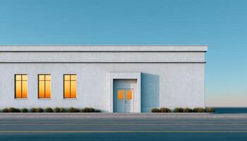 Minimalist design rice warehouse coastal location modern architecture clear sky front view photo