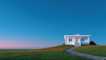 Modern minimalist house on countryside hill under soft sky tranquil landscape aerial view photo