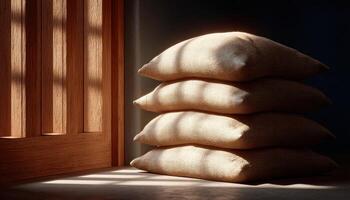 Minimalist warehouse display of neatly stacked rice bags under natural light photo