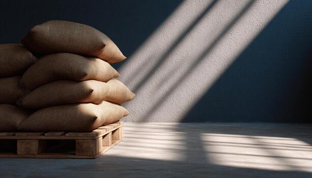 Sunlit rice warehouse with shadow patterns indoor storage space modern design photographic view photo