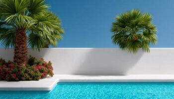 Tranquil poolside retreat with tropical palm trees and minimal decor serene environment photo