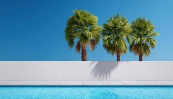 Tranquil poolside oasis with tropical palms sunny day minimalist decor serene vibes photo