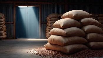 Sunlight streaming into modern rice warehouse agriculture photography indoor close-up light and color photo
