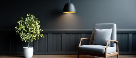 Modern living room design with black wall and lighting cozy home environment interior view photo