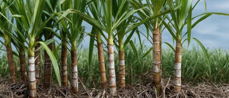 Sugar cane stalks growing in lush fields tropical environment high fidelity view photo