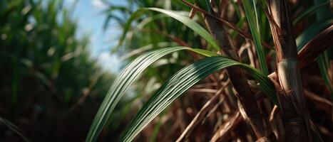Harvesting sugar cane stalks in sunlit fields agricultural scene nature perspective photo