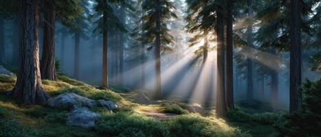 Early sunlight breaking through dense forest nature scene peaceful environment tranquil view photo