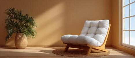 Minimalist lounge chair bathed in warm sunlight indoor space modern design tranquil environment photo