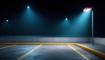 Minimalist nighttime scene of an empty parking lot with ambient lighting photo