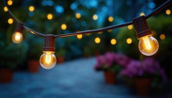 Soft glowing string lights enhance modern garden ambiance for christmas celebration photo