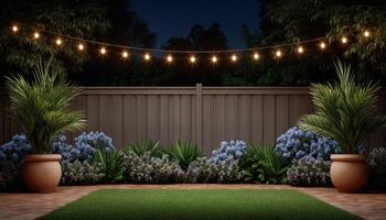 Stylish backyard garden with glowing lights outdoor nighttime tranquil aesthetic view photo