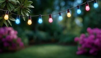 Modern garden festivity with soft glowing string lights outdoor evening beautiful atmosphere photo
