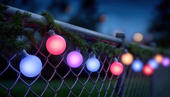 Vibrant soft led garden lights decorating a fence at dusk outdoor ambiance tranquil setting photo