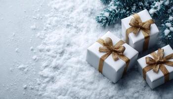 Minimalist gift boxes in snowy setting for boxing day serene winter wonderland atmosphere photo