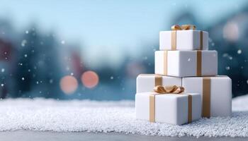Minimalist gift boxes in a snowy backdrop for boxing day celebration outdoor scene photo