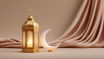 Ramadan lantern and crescent moon decor soft beige background digital art warm atmosphere photo