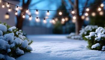 Enchanting snowy christmas garden with glowing string lights winter wonderland peaceful setting photo