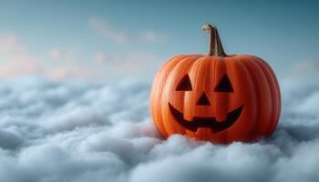 Spooky halloween pumpkin display amidst fog mystical landscape digital art photo