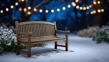 Enchanting wooden bench in snowy garden twinkling fairy lights serene winter night photo