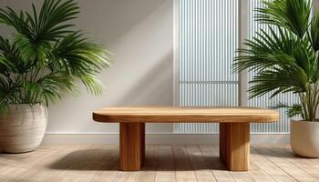 Stylish render of empty teak wood table with tropical palm fan modern interior minimalist design photo