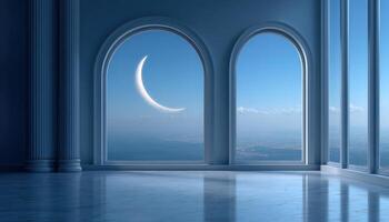 Crescent moon view clean room ramadan celebration modern interior serene atmosphere photo