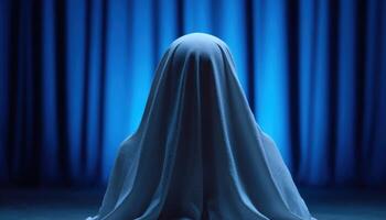 Silhouette of prayer behind white curtain spa environment tranquil atmosphere serenity photo