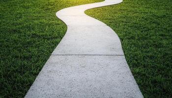 Serene curved cement pathway lush green lawn outdoor scene natural light tranquil concept photo