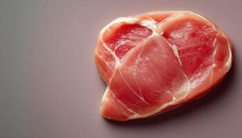 Minimalist flat lay of fresh pork chop on gray background food photography elegant design photo