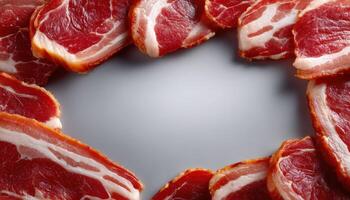 Sizzling bacon slices on clean background culinary art high fidelity minimalist view photo