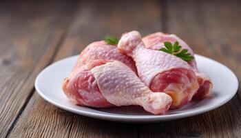 Raw chicken legs on a clean white plate culinary presentation kitchen environment close-up view photo