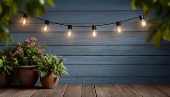 Cozy outdoor wall design with string lights garden space relaxing atmosphere evening view photo