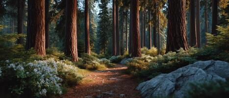 Tranquil forest pathway serene nature high-quality image warm tones minimalist style photo