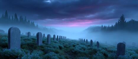 Mysterious foggy graveyard at dusk serene landscape atmospheric photography enigmatic view photo