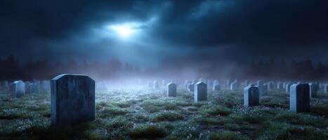 Eerie gravestones under foggy night sky cemetery scene atmospheric photography mysterious environment photo