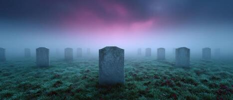 Mysterious foggy cemetery tranquil atmosphere photography ethereal setting wide-angle view photo